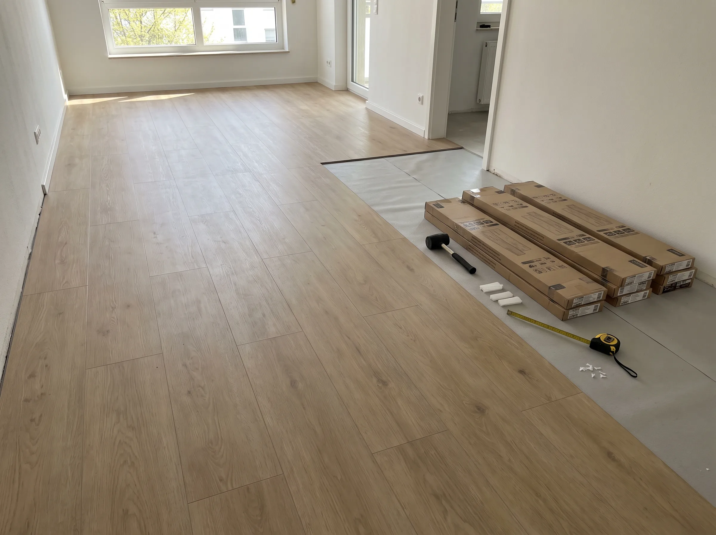 Neu verlegter Laminatboden in einem hellen Raum mit Werkzeug und Materialien