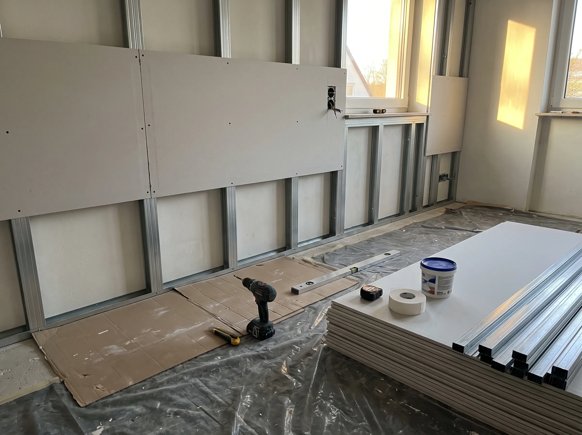 Trockenbauarbeiten mit Gipskartonplatten an einer Wand in einem Innenraum