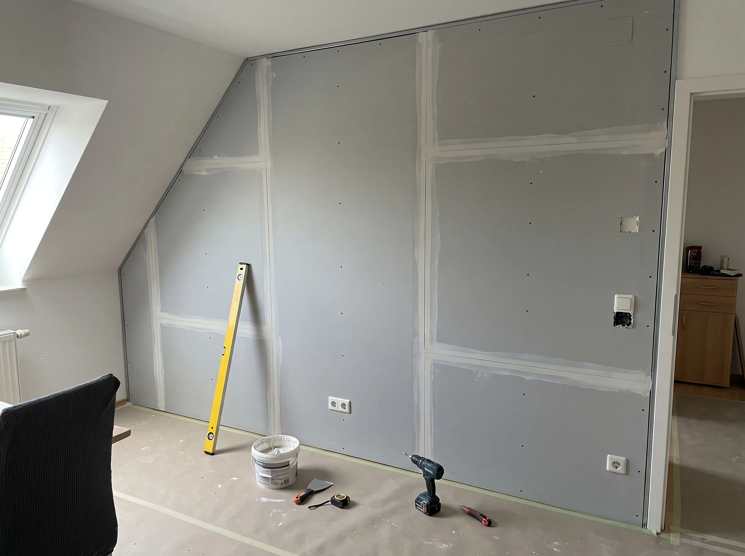 Trockenbau mit Gipskartonplatten an einer Wand, Werkzeuge und Materialien sichtbar