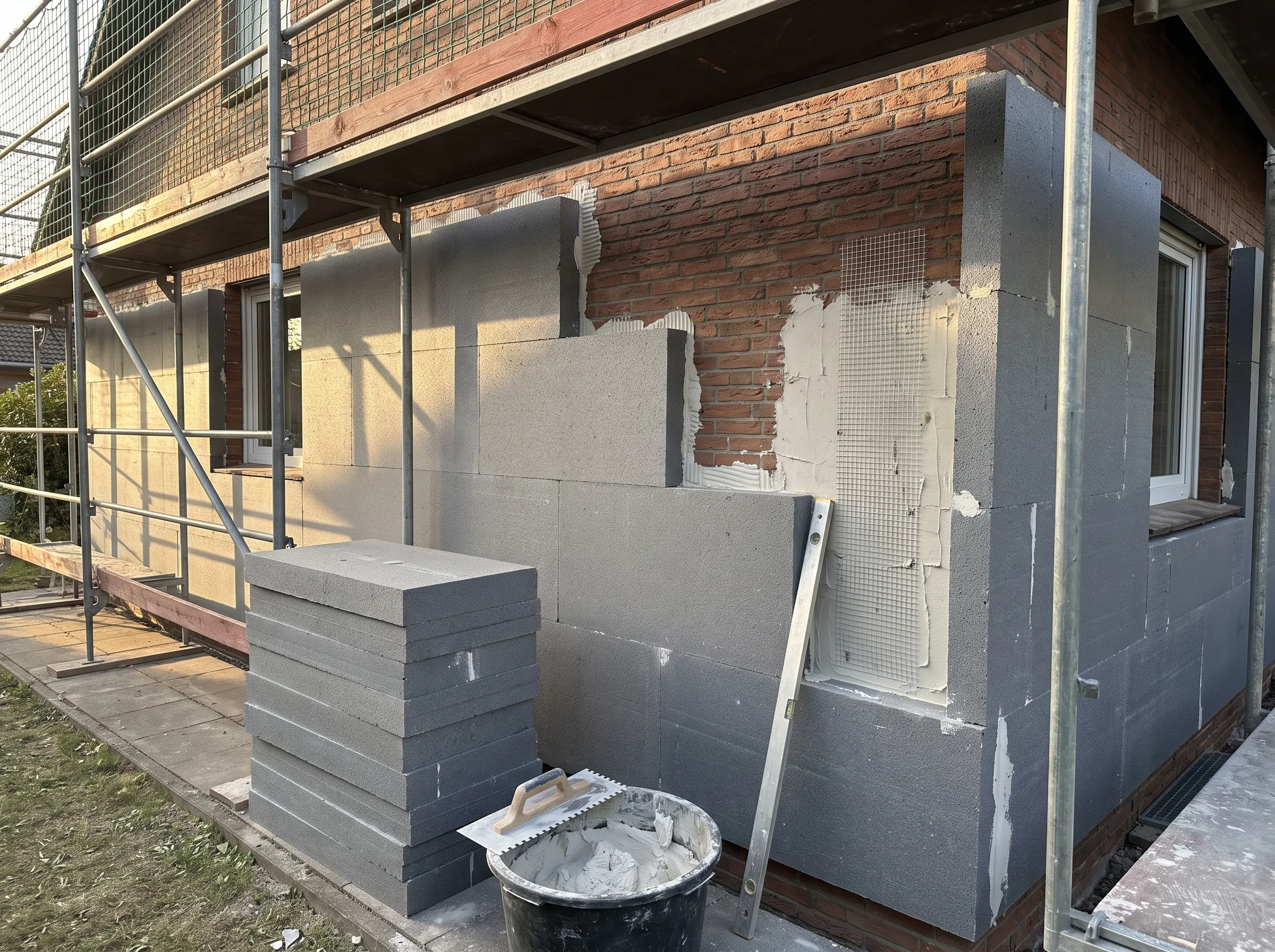 Fassade mit Wärmedämmung in Bearbeitung, Isoliermaterialien gestapelt