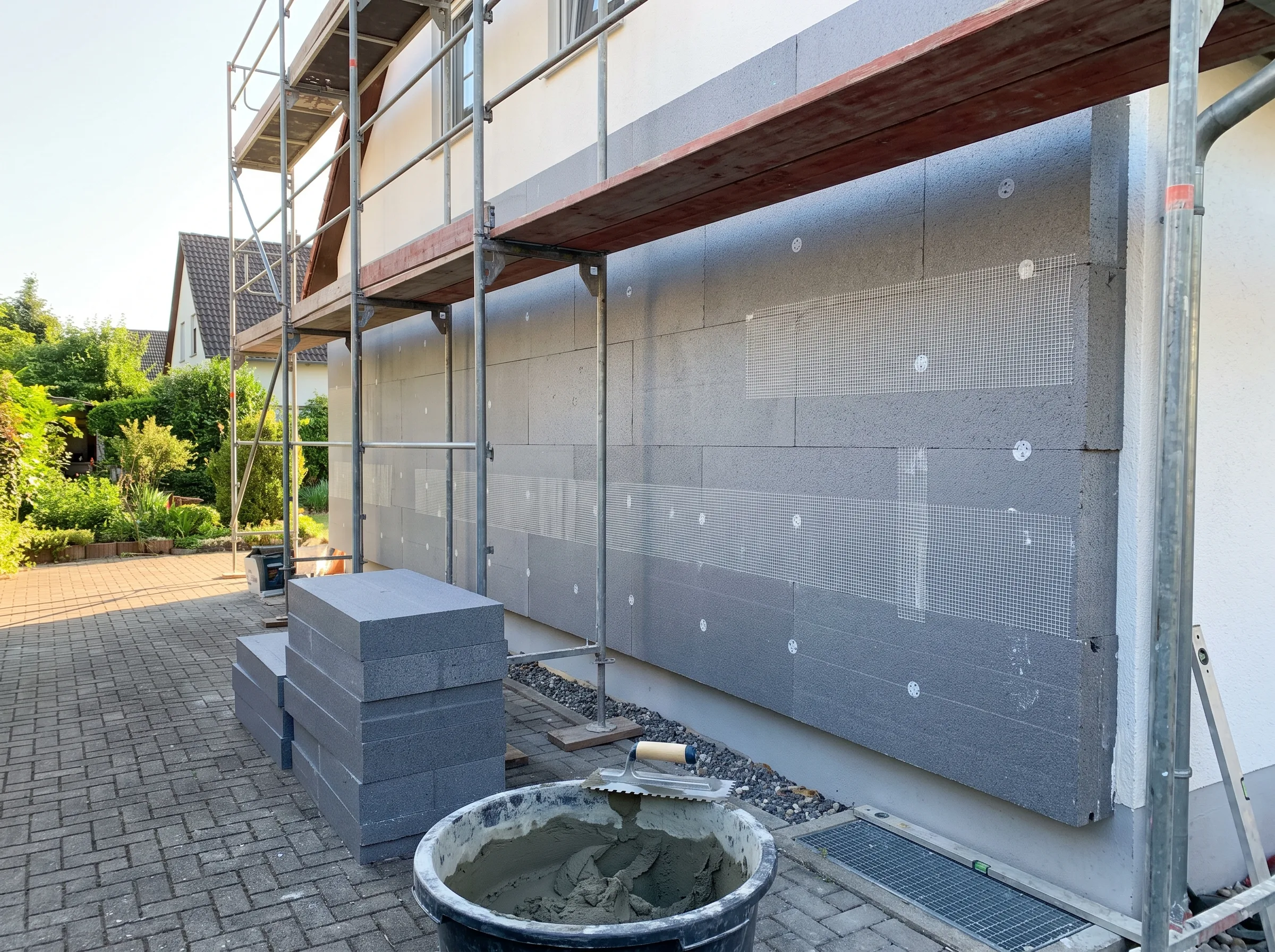 Fassade mit Wärmedämmung und Gerüst in grauen Blocksteinen