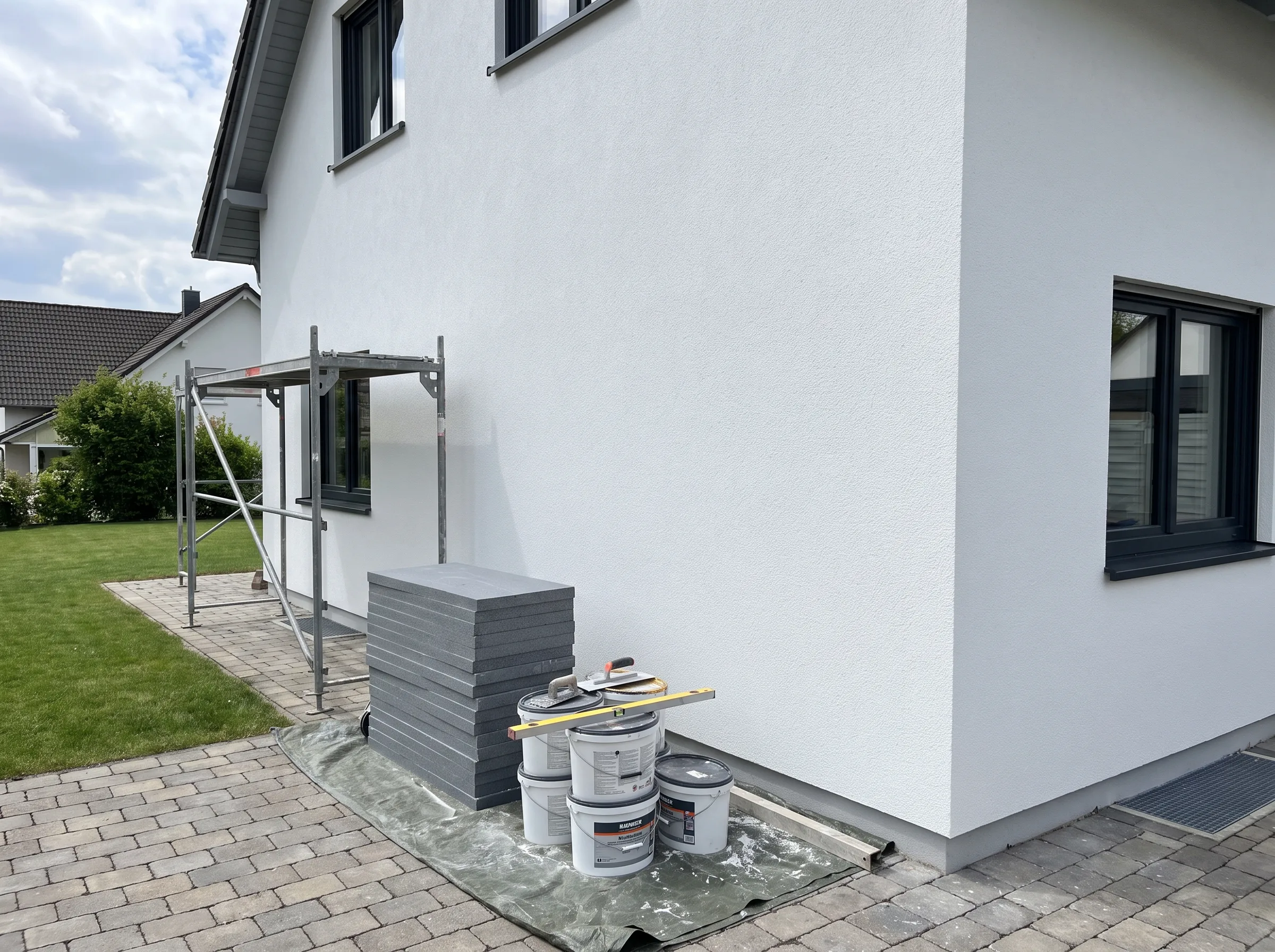 Renovierte Fassade mit Gerüst, Baumaterialien und Vorbereitungen für Außenarbeiten