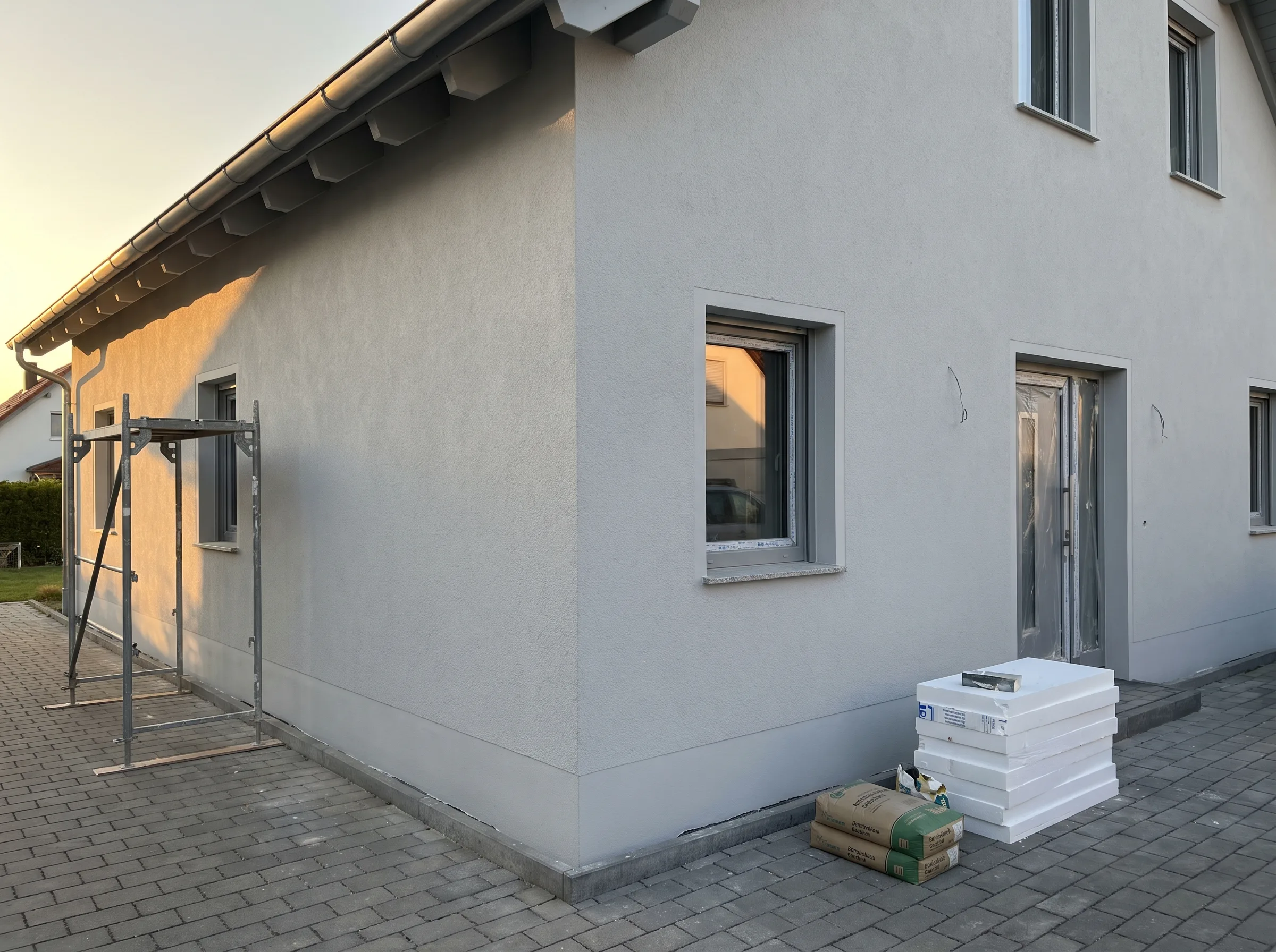 Außenansicht eines Hauses mit frisch verputzter Fassade und Baugerüst, bereit für die Fassadenverkleidung