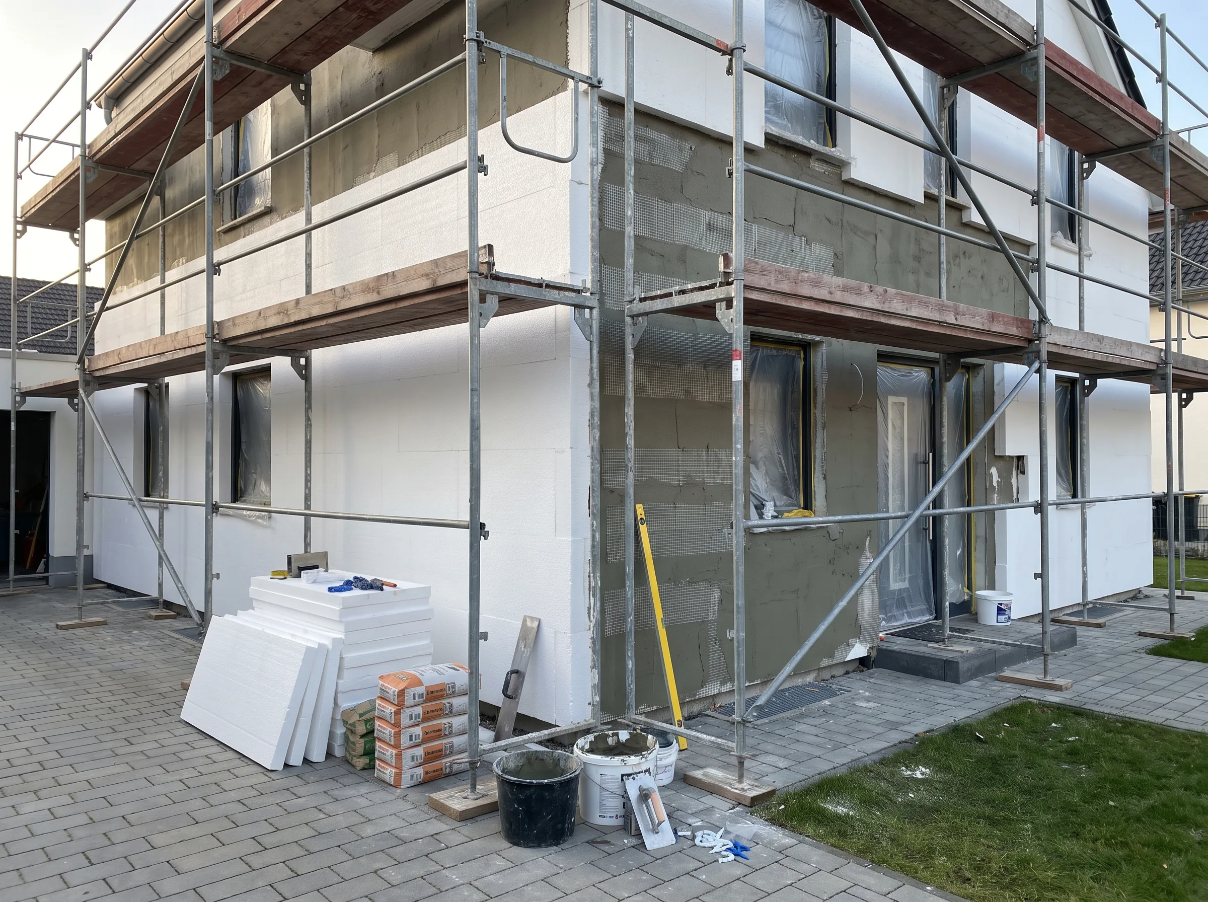 Außenansicht eines Hauses während der Fassadenverkleidung mit Gerüst und Baumaterialien
