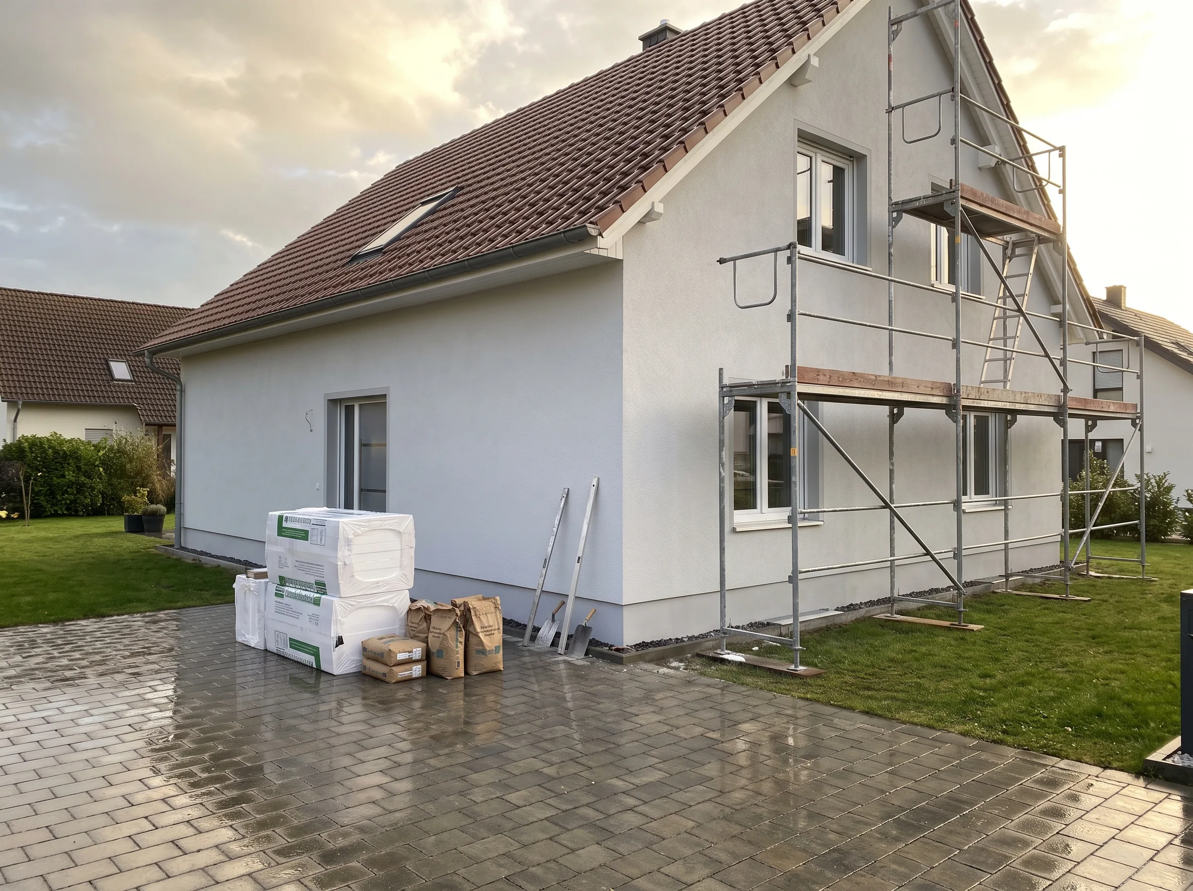 Fassadenverkleidung und Wärmedämmung eines Hauses im Bau