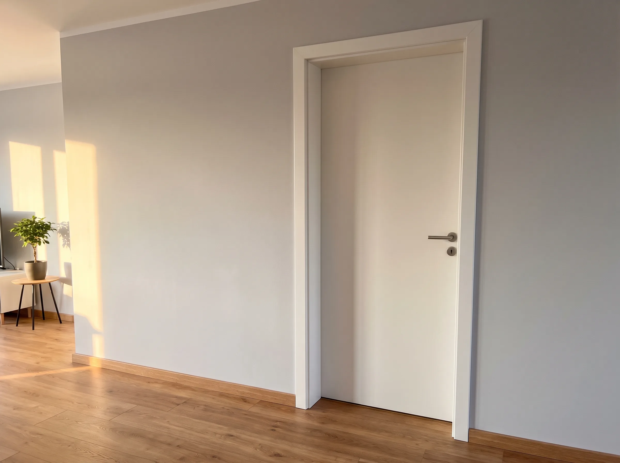 Neutrale Wandfarbe mit einer weißen Innentür in einem modern gestalteten Raum